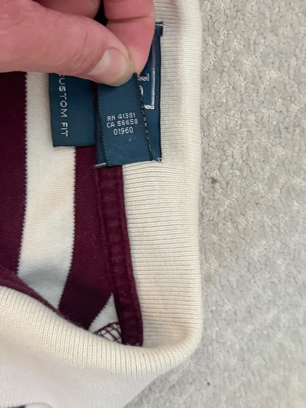 Ralph Lauren Burgundy and Cream Striped Polo with green horse logo embroidery L
